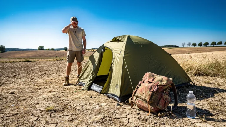 Campement en plein soleil à Airvault sans ombre, tente exposée sous une chaleur intense