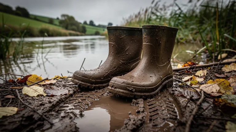 Bottes en caoutchouc dans la boue sur les berges du Thouaret, terrain glissant et marécageux