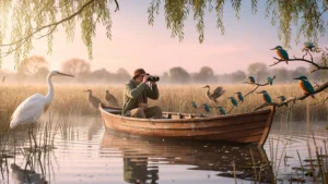 Barque sans moteur au lever du jour pour observer les oiseaux dans un marais paisible et naturel