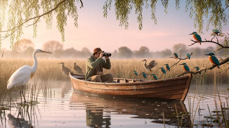 Barque sans moteur au lever du jour pour observer les oiseaux dans un marais paisible et naturel