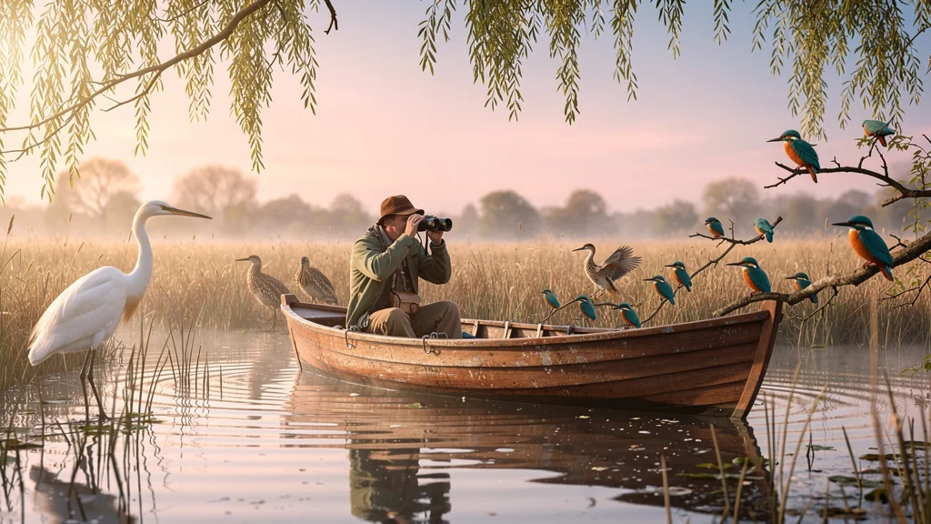 Barque sans moteur au lever du jour pour observer les oiseaux dans un marais paisible et naturel