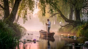 Barque glissant dans le Marais Poitevin au lever du soleil, ambiance paisible du matin tôt