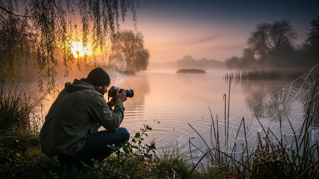 Brume du soir sur les étangs de Pescalis à la tombée du jour avec un photographe en action