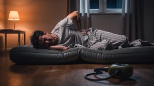 Homme souffrant du dos sur un matelas dégonflé, symbole douleur et inconfort après une nuit agitée
