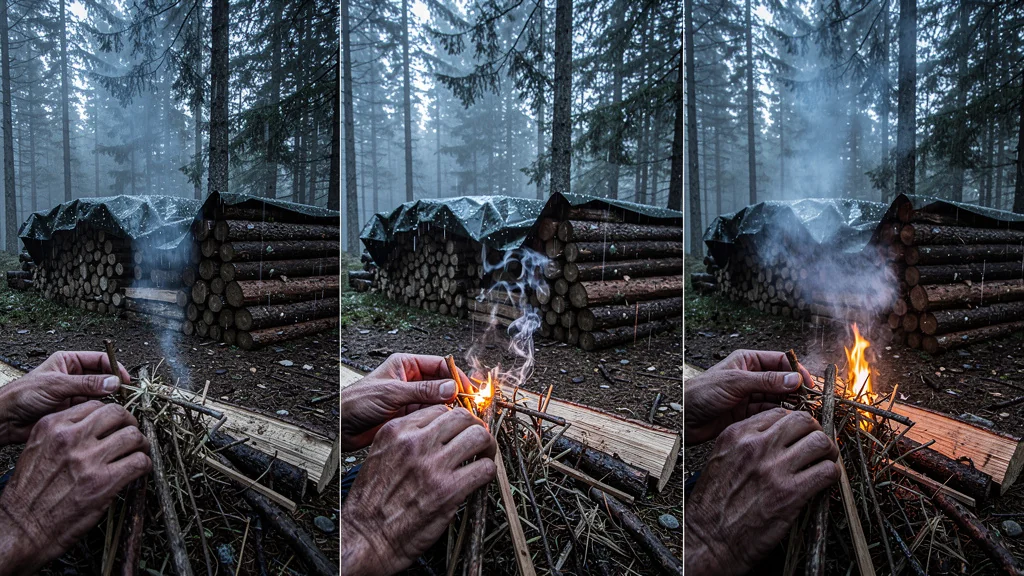 Allumage d’un feu de bois humide en forêt sur trois soirs avec différents stockages