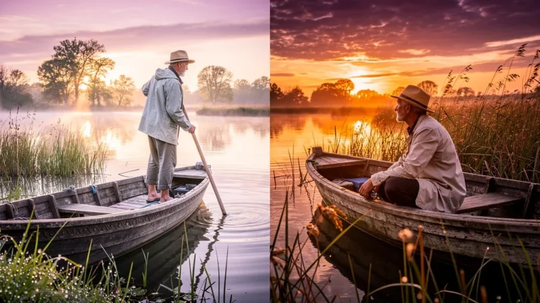 Barque traditionnelle dans le Marais poitevin au lever et coucher du soleil, paysage naturel paisible