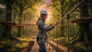 Vue hyperréaliste du parc accrobranche Olhain en forêt avant le coucher du soleil, fille de 31 ans préparant l’aventure