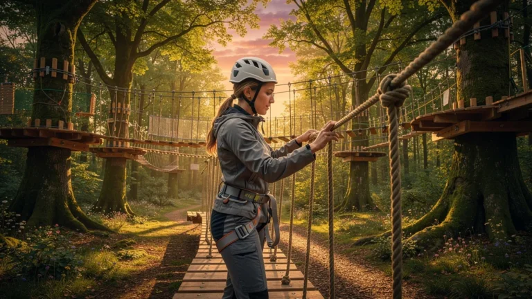 Vue hyperréaliste du parc accrobranche Olhain en forêt avant le coucher du soleil, fille de 31 ans préparant l’aventure