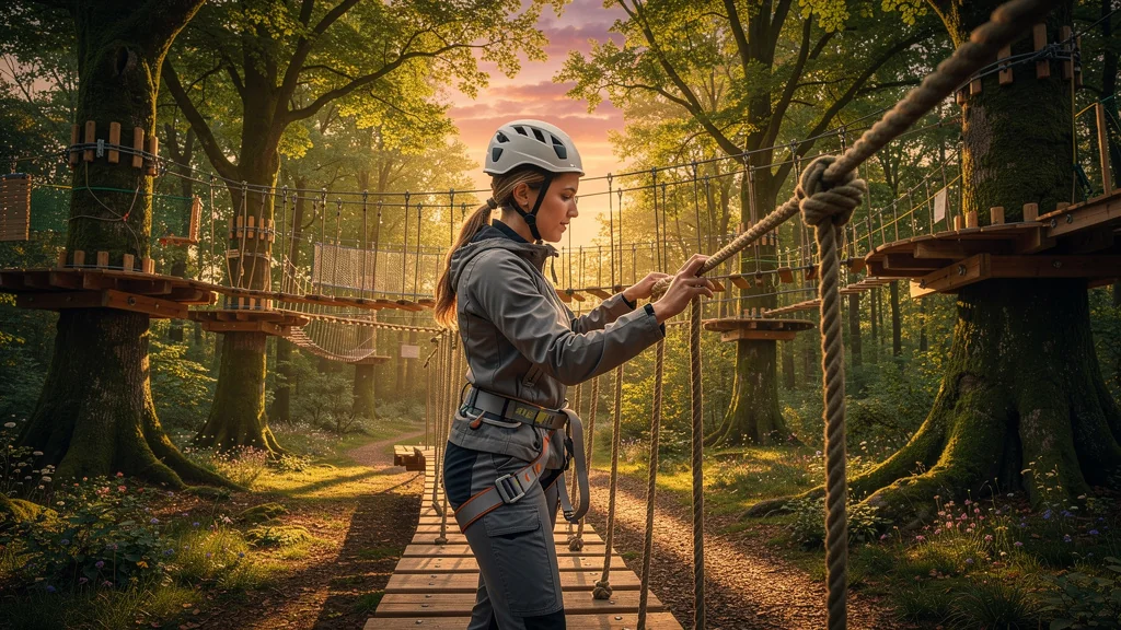 Vue hyperréaliste du parc accrobranche Olhain en forêt avant le coucher du soleil, fille de 31 ans préparant l’aventure