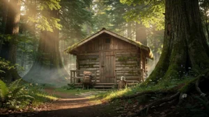 Cabane dans la forêt autonome après 30 jours, entourée d'arbres et nature luxuriante en lumière naturelle