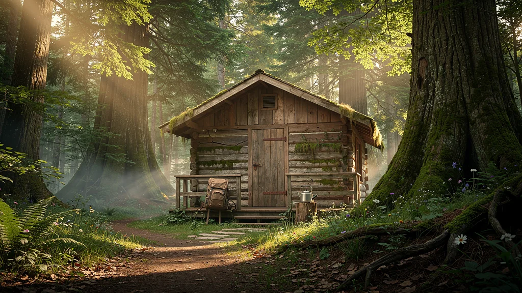Cabane dans la forêt autonome après 30 jours, entourée d'arbres et nature luxuriante en lumière naturelle