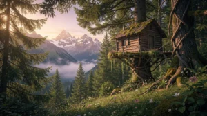 Cabane dans les arbres en Haute Savoie, forêt alpine luxuriante au coucher du soleil, vue panoramique réaliste