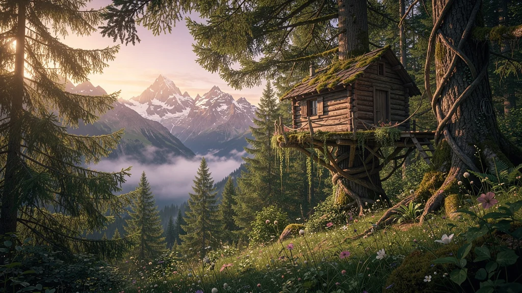Cabane dans les arbres en Haute Savoie, forêt alpine luxuriante au coucher du soleil, vue panoramique réaliste
