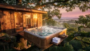 Cabane dans les arbres avec jacuzzi en bois en pleine forêt au coucher du soleil, ambiance nature et détente