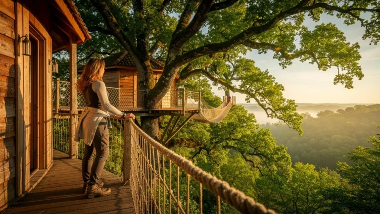 Cabanes dans les arbres Dordogne en forêt verdoyante avec lumière naturelle et vue panoramique