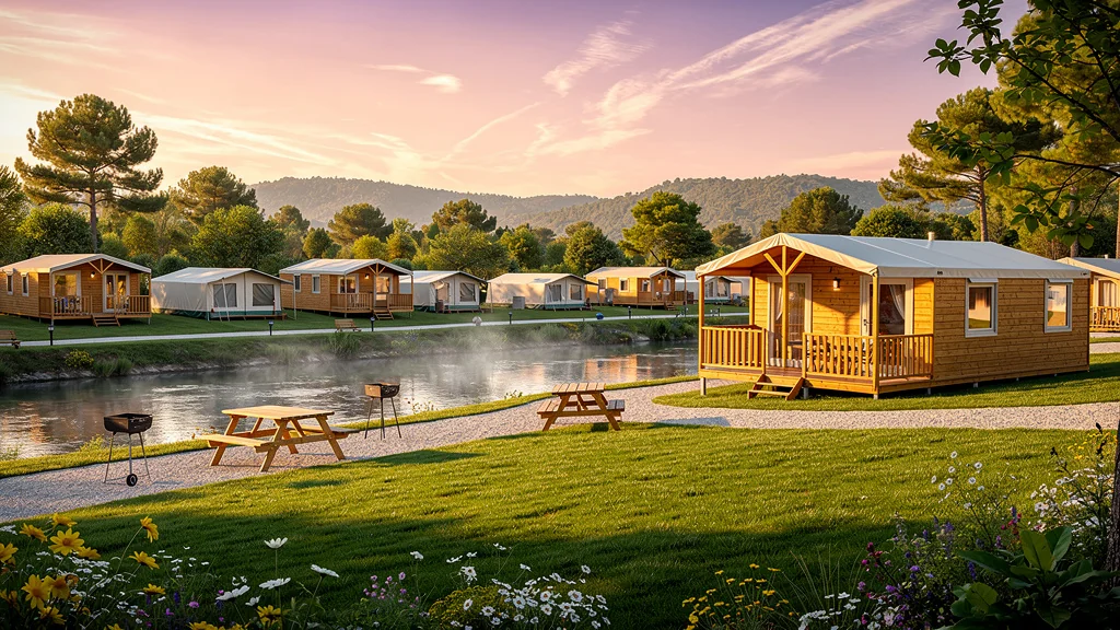 Camping Sardane Argelès paysage naturel avec tentes et cabanes au coucher du soleil, ambiance paisible en plein air