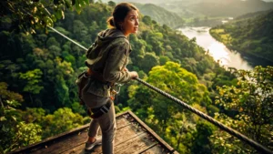 Jeune femme sur une tyrolienne familiale révélant la peur du vide en pleine nature