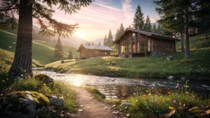 Vue panoramique hyperréaliste du domaine Ourea au coucher du soleil en pleine nature sauvage