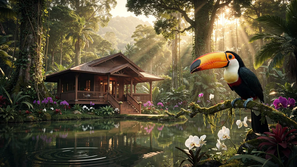 Vue ultra-réaliste du Domaine Toucan dans une forêt tropicale luxuriante au lever du soleil