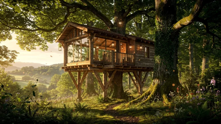 Hébergement insolite en Aquitaine : cabane perchée en forêt verdoyante au coucher du soleil
