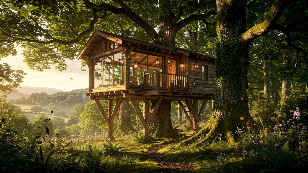 Hébergement insolite en Aquitaine : cabane perchée en forêt verdoyante au coucher du soleil