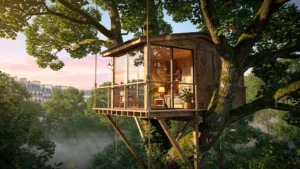 Hébergement insolite cabane perchée dans un parc verdoyant de Paris au coucher du soleil
