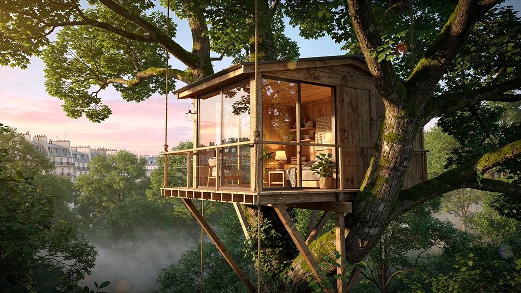 Hébergement insolite cabane perchée dans un parc verdoyant de Paris au coucher du soleil