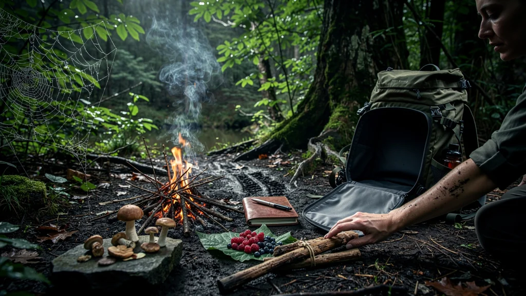 Scène hyper-réaliste d’un kit cuisine oublié en pleine nature avec feu de camp et nourriture sauvage