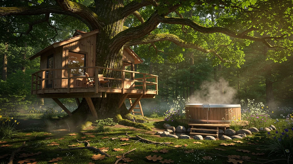 Cabane dans les arbres avec jacuzzi entourée de forêt luxuriante, ambiance féérique et paisible en lumière naturelle