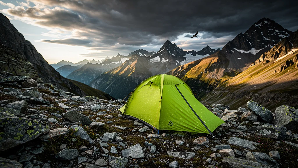 Tente deux secondes installée sur terrain montagneux rocheux, montrant ses limites en haute montagne