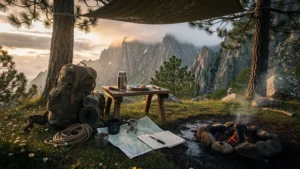 Campement improvisé après un orage en Corse, paysage naturel humide et sauvage à la lumière dorée