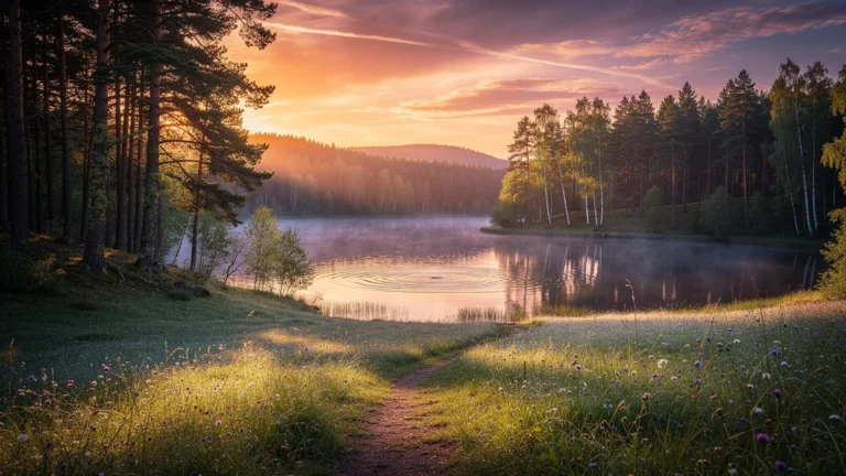 Paysage naturel hyperréaliste au coucher de soleil, reflet sur lac et prairie pour découvrir meridianis