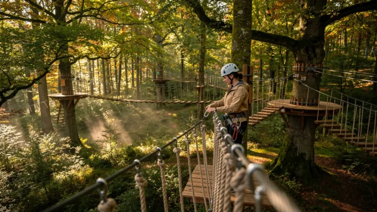 Parcours accrobranche Orne Aventure en Normandie en forêt verdoyante avec aventurière préparant son parcours