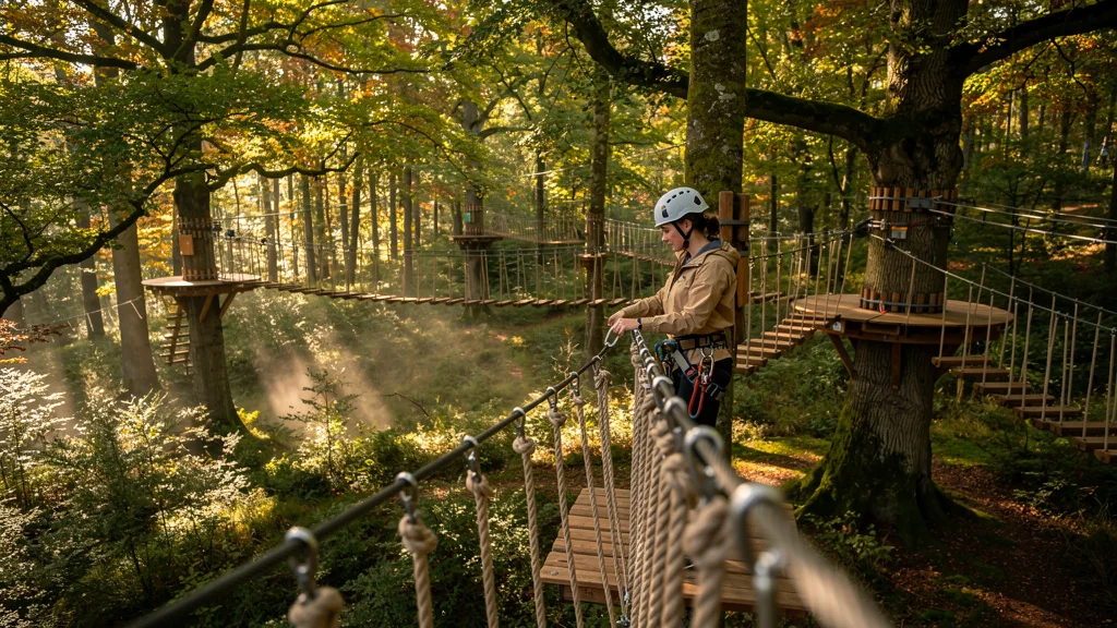 Parcours accrobranche Orne Aventure en Normandie en forêt verdoyante avec aventurière préparant son parcours