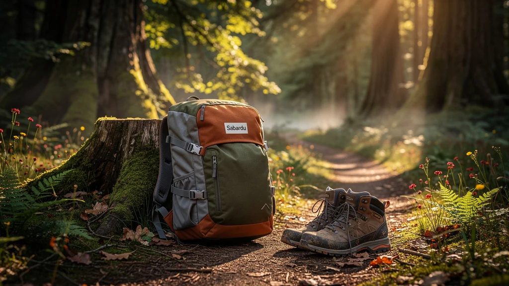 Sac à dos Sabardu en forêt au coucher de soleil, équipement outdoor pour passionnés de nature