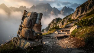 Sac de randonnée trop chargé sur un sentier de montagne au lever du soleil, illustrant un effort intense en nature