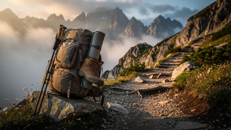Sac de randonnée trop chargé sur un sentier de montagne au lever du soleil, illustrant un effort intense en nature