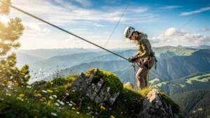 Vue hyper-réaliste de la tyrolienne du col de la Faucille en montagne au printemps, préparatifs sécurité