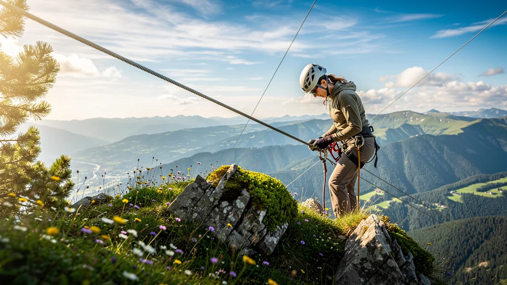 Vue hyper-réaliste de la tyrolienne du col de la Faucille en montagne au printemps, préparatifs sécurité