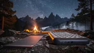Comparaison nocturne entre matelas fin et épais en montagne sous ciel étoilé