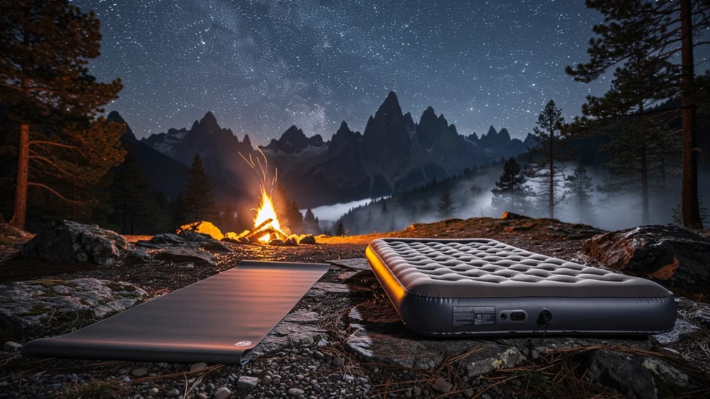 Comparaison nocturne entre matelas fin et épais en montagne sous ciel étoilé