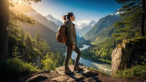 Portrait photo hyper-réaliste d’une voyageuse du monde en pleine nature après 6 mois d’aventures