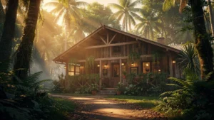 Vue hyper-réaliste du Yasi Hostel au cœur d’une forêt tropicale luxuriante au coucher du soleil